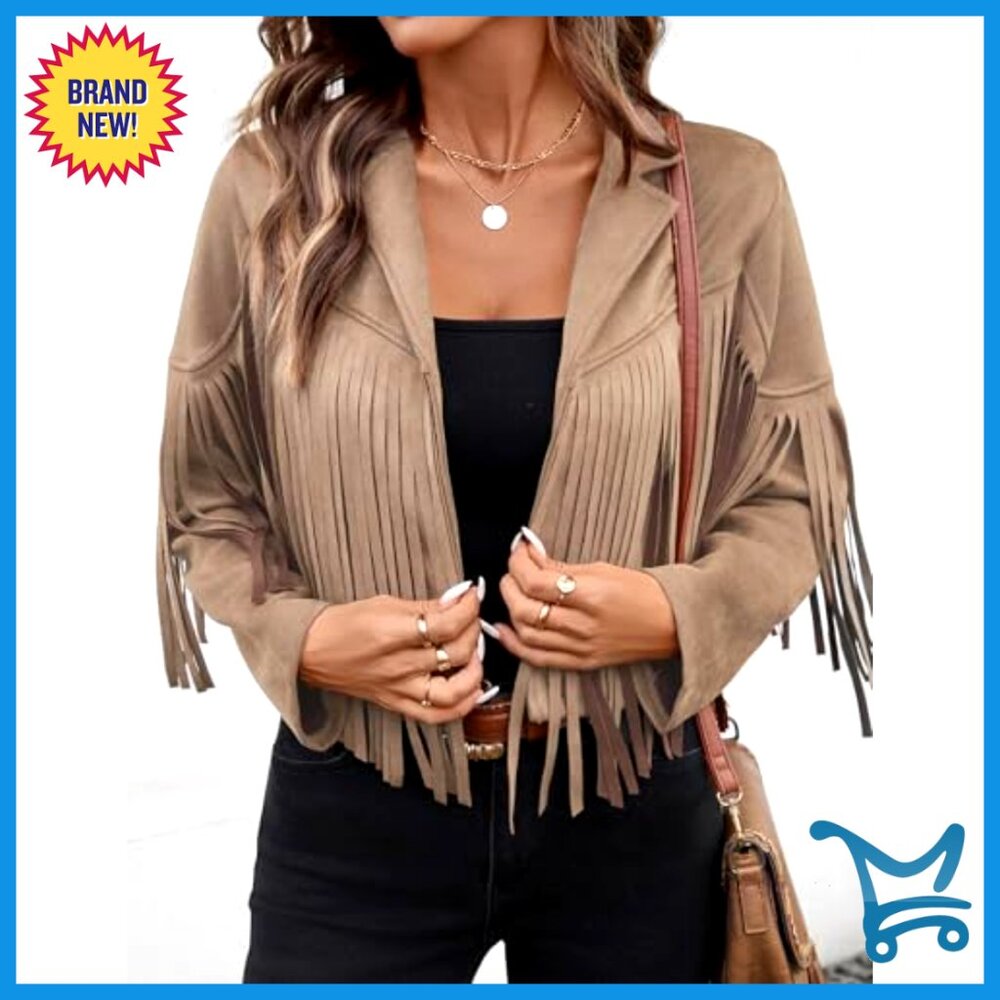 Faux Suede Leather Cropped Jacket with Fringe Tassels Western Style - Picture 5 of 7